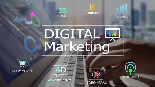Keyboard in background. In the foreground 'Digital Marketing.'
