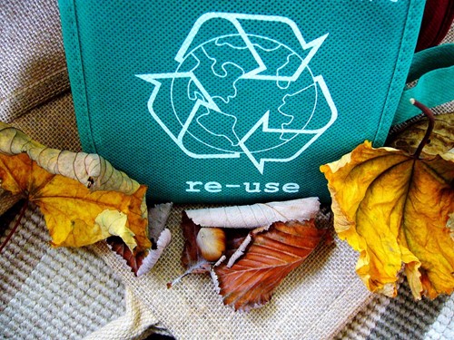 Blue bag with white recycle sign on.