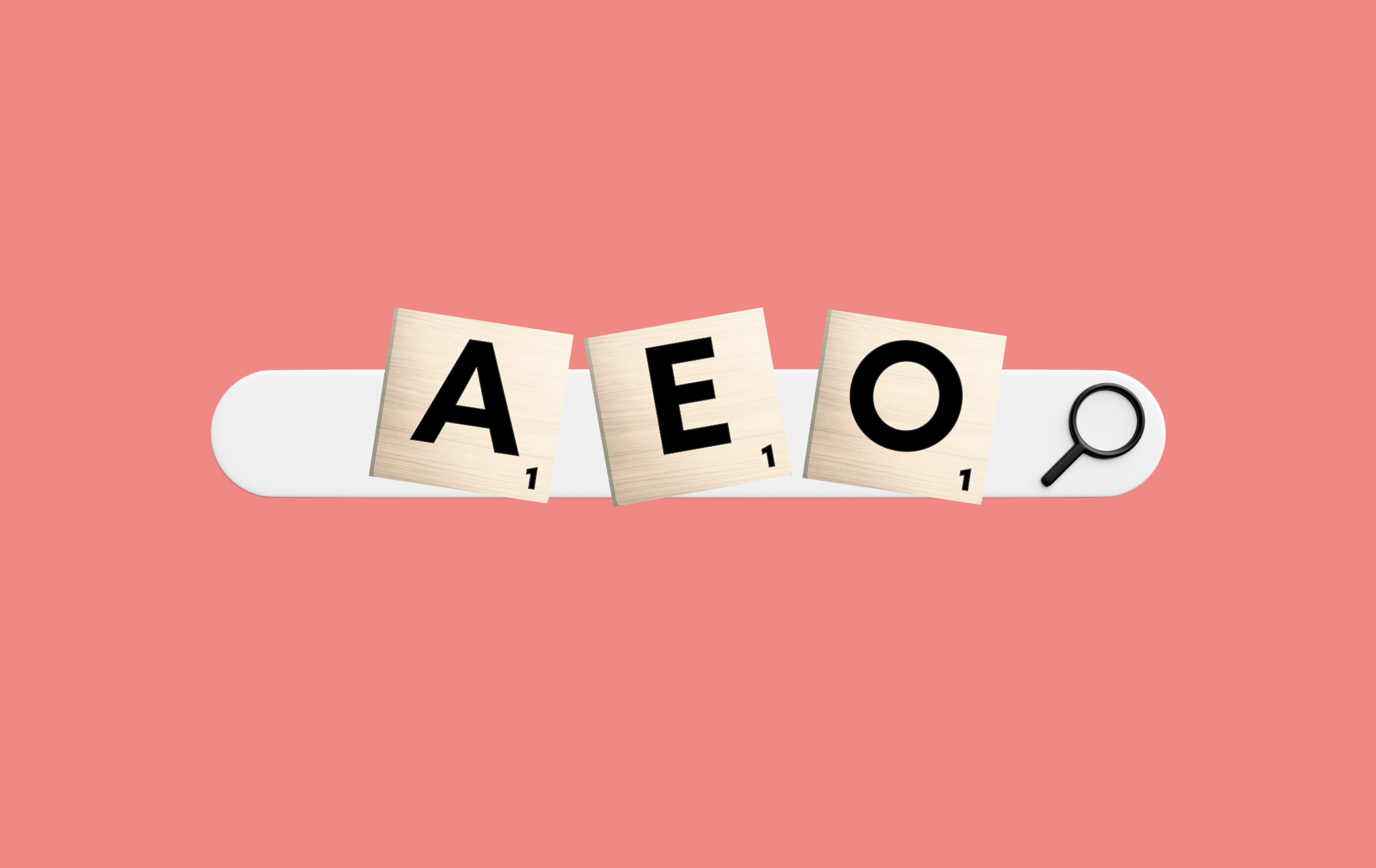 Pink background with a search bar and inside are wooden blocks with letters 'A', 'E' and 'O' on.