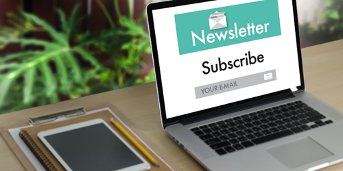 Laptop screen with sign saying 'newsletter' and 'subscriber'.