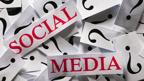 Card with question marks and words 'social' and 'media'.
