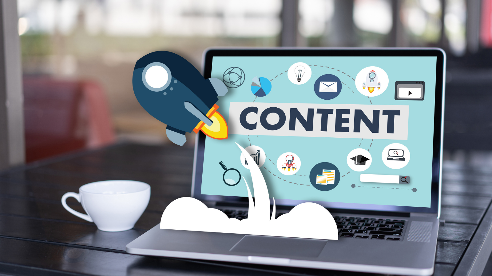 Laptop with the words 'Content' on the screen. A rocket comes out from the screen.