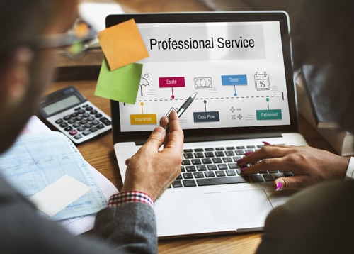 Laptop with words 'professional service' on the screen. Two people sit at a desk looking at the laptop. They appear to be discussing the content on screen with one person reaching to the laptop pad and the other pointing to the screen.